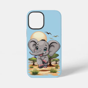 Coque iPhone 12 Mini Éléphanteau sautant heureux dans la savane africai