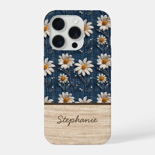 Coque iPhone Embroidered Daisy Denim Phone Case with Name (Verso)