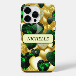 Coque Pour Pour iPhone 14 Pro Max Emerald, Gold & Diamond Hearts