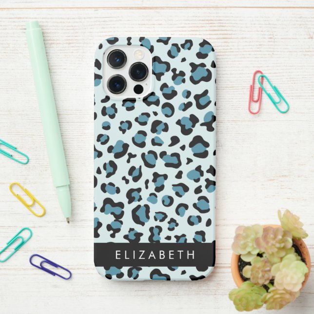 Coque iPhone Empreinte de léopard, Spots, Leopard Bleu, Votre N (Sur le bureau)