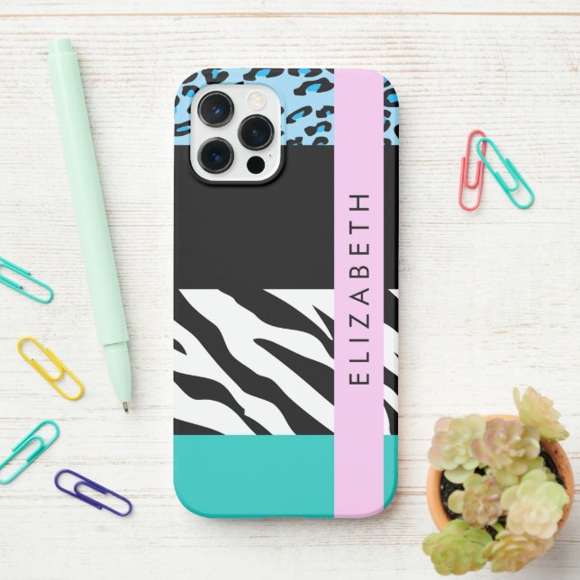 Coque iPhone Empreinte de léopard, Zebra Print, Bleu, Votre nom (Sur le bureau)