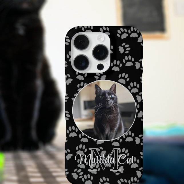 Coque iPhone Empreinte de patte photo de chat Motif personnalis (Add your cat's photo and name to this cute paw print phone case)