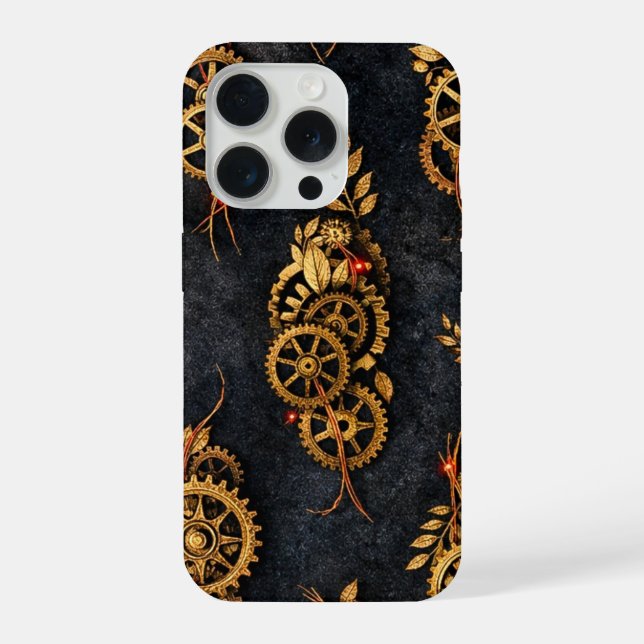 Coque iPhone Engrenages dorés vintage et néon rouge Cyberpunk m (Verso)