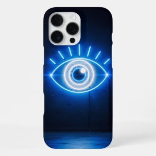 Coque iPhone 16 Pro Max Enseigne néon Œil mauvais bleu dans le noir