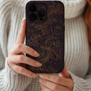 Coque iPhone 16 Pro Max Esthétique Gothique Grunge Foncé Violet Or Floral
