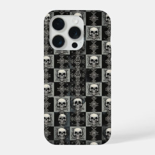 Étui de téléphone à crâne gothique et damier damas