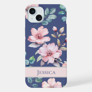 Étui de téléphone bleu avec fleurs roses féminines