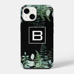 Coque Pour iPhone 14 Éucalyptus fougères de bois monogramme noir