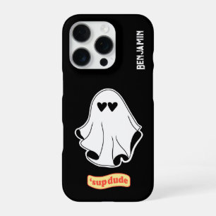 Coque iPhone 16 Pro Fantôme aux yeux d'amour 'salut mec