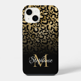 Coque Pour iPhone 14 Féminin noir et or léopard ombré monogramme