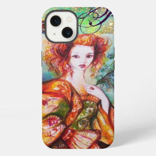 ETUI iPhone 13 FEMME ROMANTIQUE AVEC PLUME DE PAON ÉTOILÉE