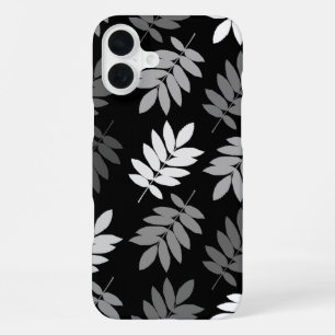 Coque iPhone 16 Plus Feuille aînée grand motif noir blanc gris
