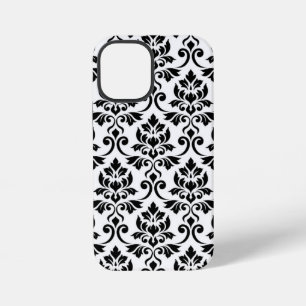 Coque iPhone 12 Mini Feuille de Damas grand motif noir sur blanc
