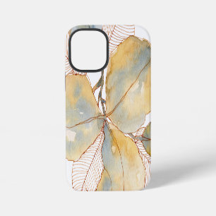 Coque iPhone 12 Mini Feuilles botaniques aquarelles bleu or mat