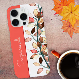Coque iPhone 16 Pro Feuilles d'automne blanches corail élégantes Nom p