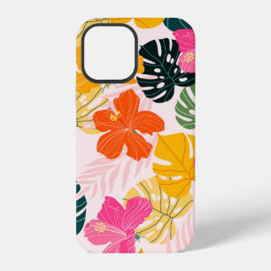 Coque iPhone 12 Feuilles d'hibiscus et de monstera motif tropical