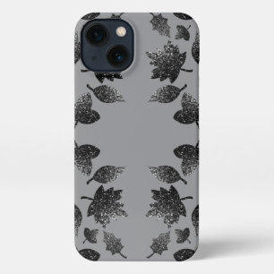 Etui iPhone 13 Feuilles gris brillant en argent automne motif d'a