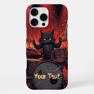 Coque iPhone 16 Pro Max Fierce Black Cat Playing Drums Angry Drummer