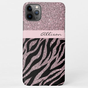Coque iPhone 11Pro Max Fille rose Nom personnalisé Zebra Imprimer Rose Or