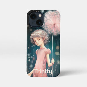 Etui iPhone 13 Mini Fille Whimsical personnalisée en rose & Dandelion