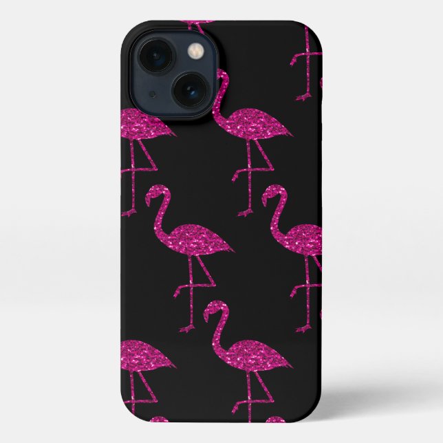 Coque iPhone Flamant rose paillettes scintillent motif noir (Verso)