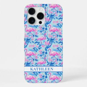 Coque iPhone 16 Pro Max Flamants roses avec fleurs roses monogrammées