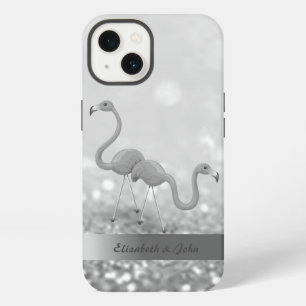 Etui iPhone 13 Flamants roses modernes sur fond bokeh paillettes