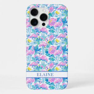 Coque iPhone 16 Pro Max Flamants roses monogrammes aquarelle