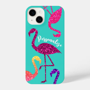 Coque Pour iPhone 14 Flamingo rose scintillantes Personnaliser turquois