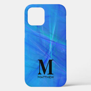 Coque iPhone 12 Flamme fractale bleue abstraite Monogramme noir