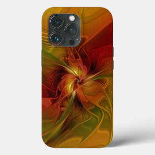 Etui iPhone 13 Pro Fleur d'art fractal abstraite rouge orange marron 