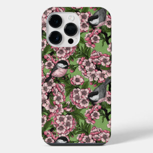 Coque Pour Pour iPhone 14 Pro Max Fleur de cerisiers et poulets verts