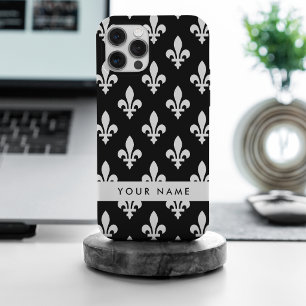 Fleur de Lis, Blanc sur Noir, Blanc, Votre Nom