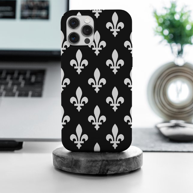 Coque iPhone Fleur de Lis Motif, Royal French, Blanc sur Noir (Créateur téléchargé)