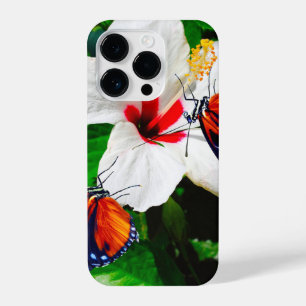 Coque Pour iPhone 14 Plus Fleur d'Hibiscus avec 2 papillons à ailes longues
