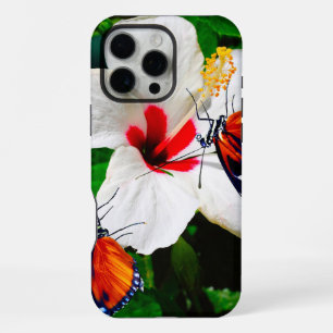 Coque iPhone 16 Pro Max Fleur d'Hibiscus avec 2 papillons Longwing du tigr