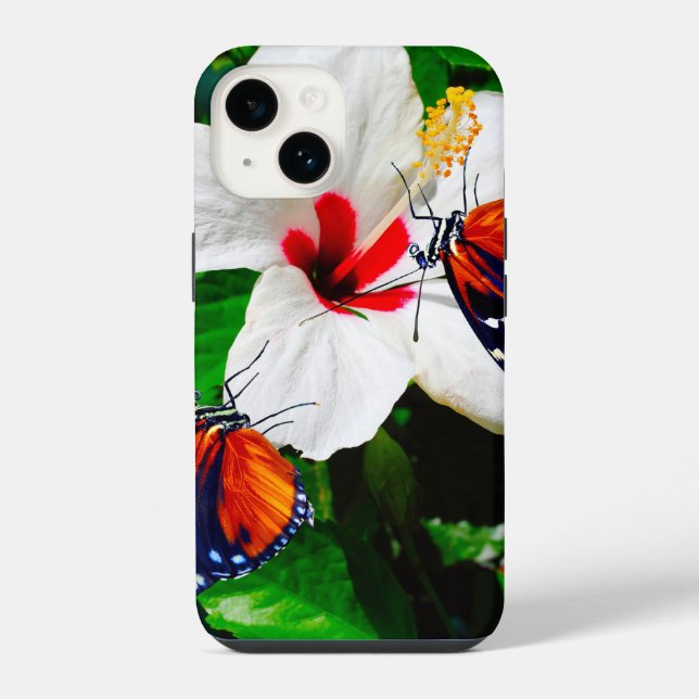 Coque iPhone Fleur d'Hibiscus avec 2 papillons Tiger Longwing (Verso)