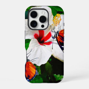 Coque iPhone 16 Pro Fleur d'Hibiscus avec 2 papillons Tiger Longwing