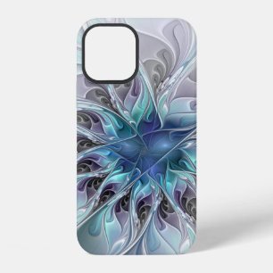 Coque iPhone 12 Fleur fractale moderne abstraite avec du bleu