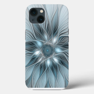 Etui iPhone 13 Fleur joyeuse abstraite florale fractale bleue gri