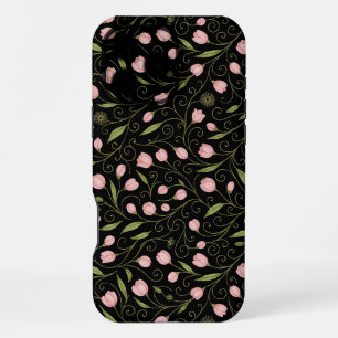 Coque iPhone 16 Pro Max Fleur mignonne, rose sur noir avec motif répétitif