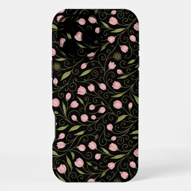 Coque iPhone Fleur mignonne, rose sur noir avec motif répétitif (Verso)