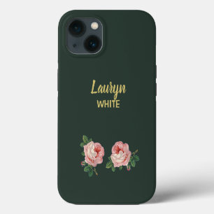 Etui iPhone 13 Fleur rose et feuilles sur fond vert foncé