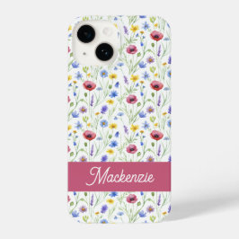Coque Pour iPhone 14 Fleur sauvage bleue rose personnalisée avec nom