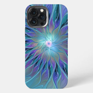 Etui iPhone 13 Pro Max Fleur Violette Bleue Rêve Art Fractal Abstrait