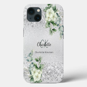 Etui iPhone 13 Fleurs blanches argentées monogramme nom euclayptu