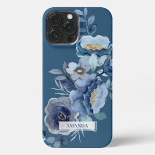 Etui iPhone 13 Pro Max Fleurs de marine   Nom personnalisé bleu
