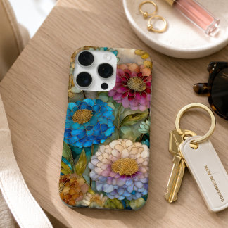 Coque iPhone 16 Pro Fleurs de verre teinté rose et bleu vif