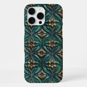 Coque iPhone 16 Pro Max Fleurs dorées et vertes en relief