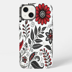 Etui iPhone 13 Fleurs et feuilles gribouillées en rouge et noir